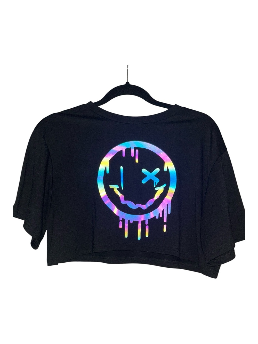 Black Cropped Tee with Rainbow Drip Smiley Graphic